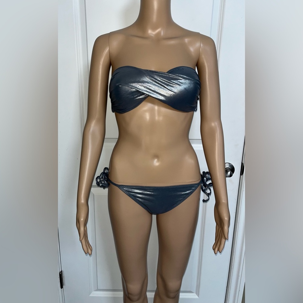 Luli Fama Silver Tie Bandeau Top Side Tie Bikini